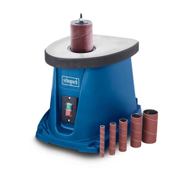 Scheppach spindle sander with various sanding attachments. Ideal for precise sanding and shaping of wood.